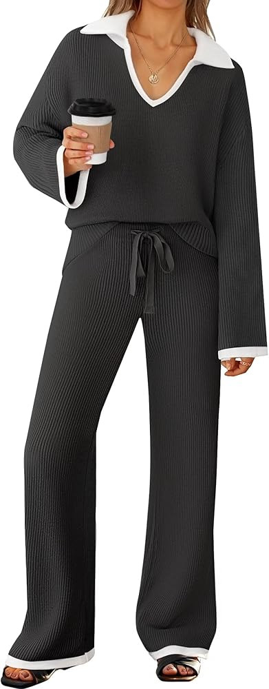 ZESICA Women's Two Piece Sweater Lounge Sets Fall Winter Oversized Knit Pullover Wide Leg Pants O... | Amazon (US)