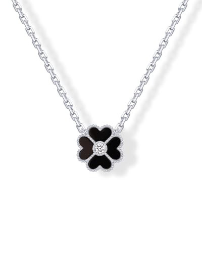 PAVOI Rhodium Plated Clover Necklaces for Women - Four Leaf Flower Necklace Pendant - Trendy Black Onyx Gemstone with Cubic Zirconia Floral Pendants Jewelry Gifts | Amazon (US)