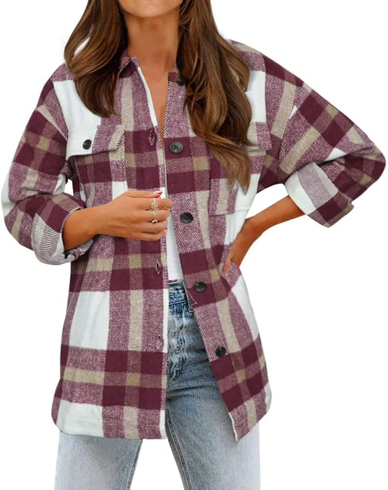 BTFBM Women's Long Sleeve Button Down Jackets Plaid Flannel Shirts Tops Casual Lapel V Neck Overs... | Amazon (US)