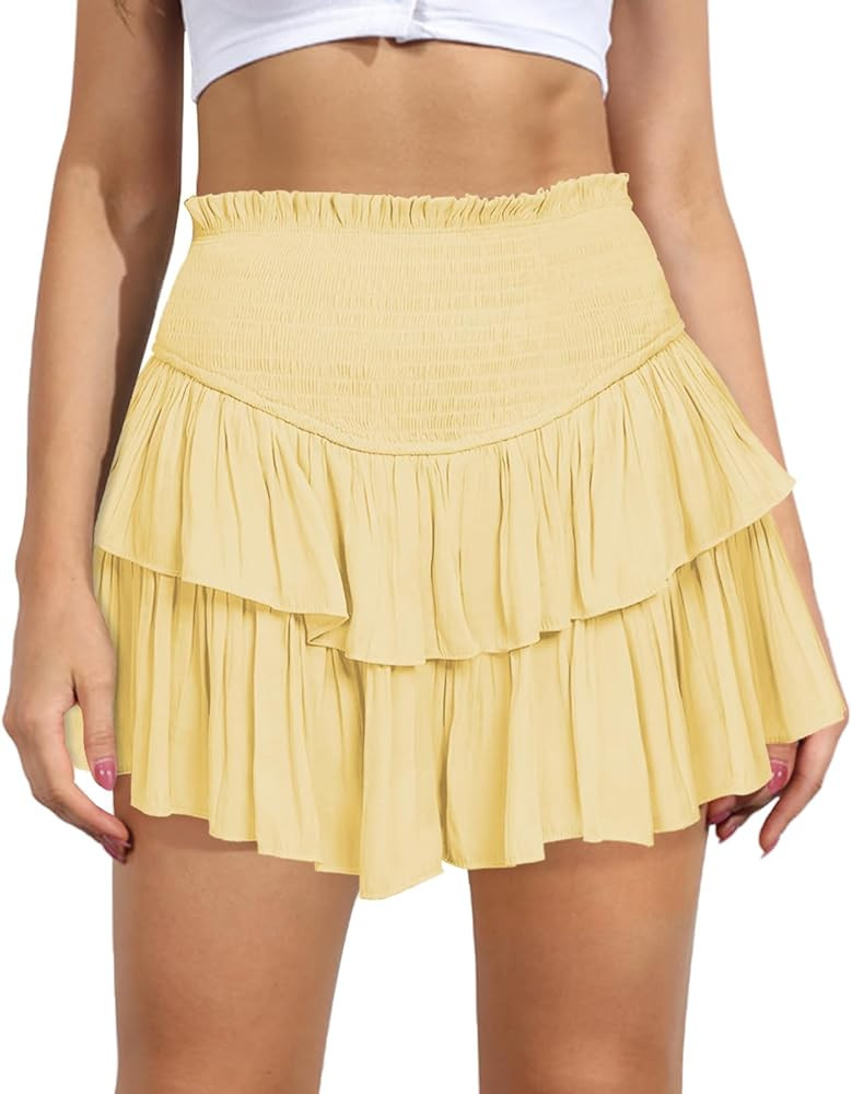Women's Cute High Waist Ruffle Mini Skirt Layered Ruffle Hem Flared Flowy Casual Swing Beach Mini... | Amazon (US)
