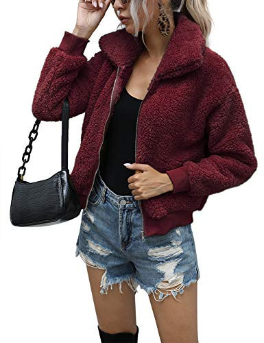 AKEWEI Fluffy Coat for Women Fuzzy Fleece Jacket Red Teddy Coat Zip Up Hoodie Wine Red M | Amazon (US)