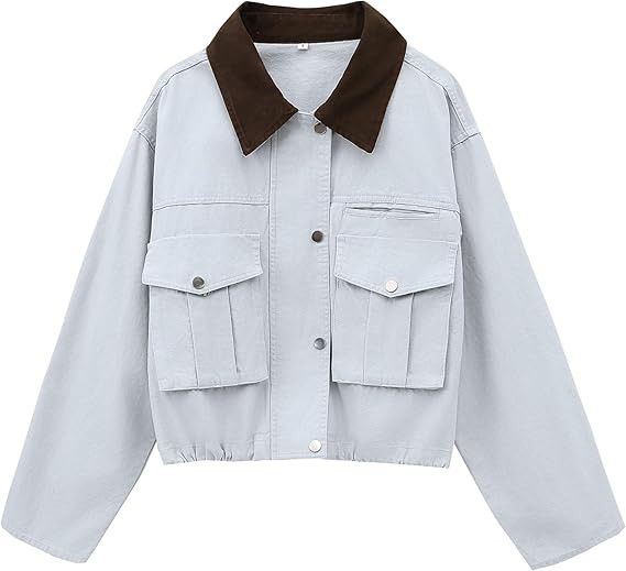 Womens Cropped Jacket Contrast Collar Utility Coat Cargo Jacket Barn Jacket Outwear with Pockets | Amazon (US)