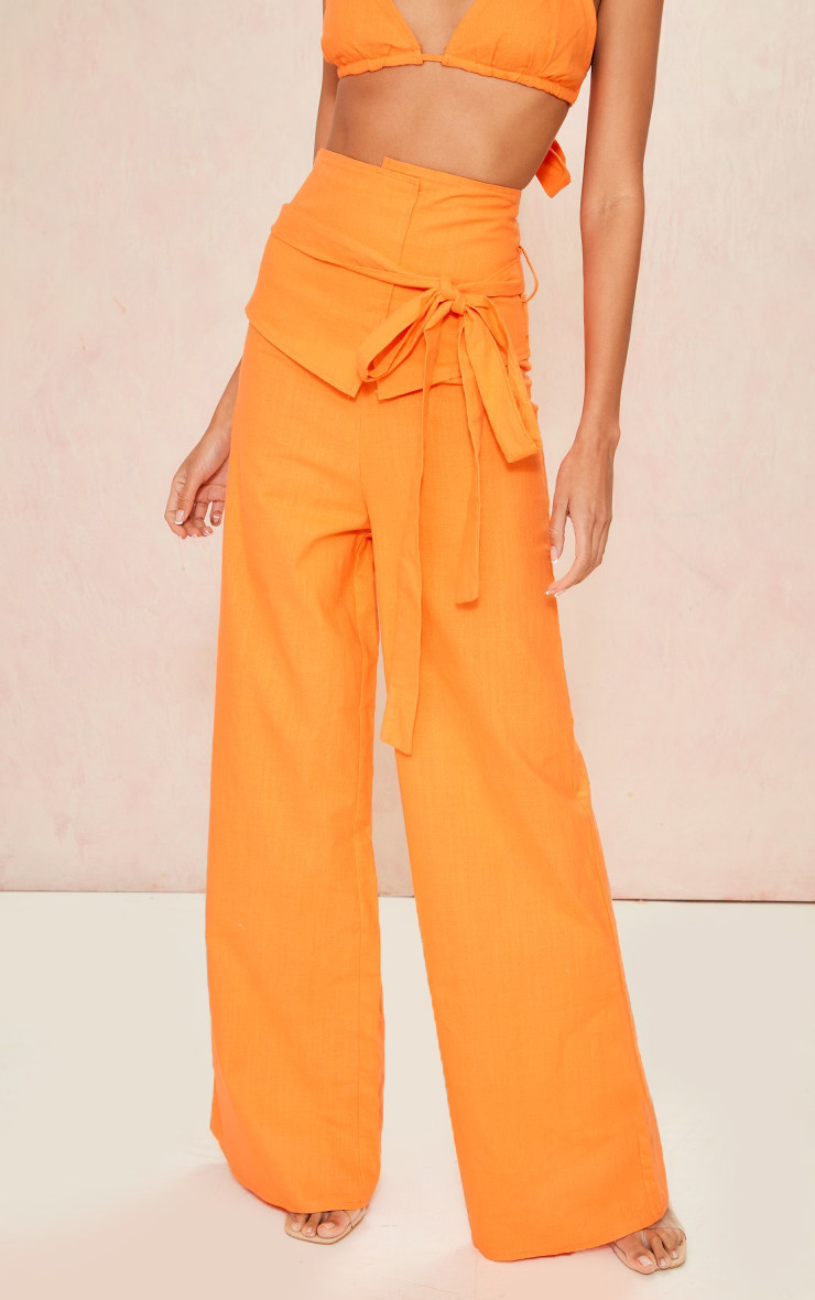 Bright Orange Belted High Waist Wide Leg Pants | PrettyLittleThing US