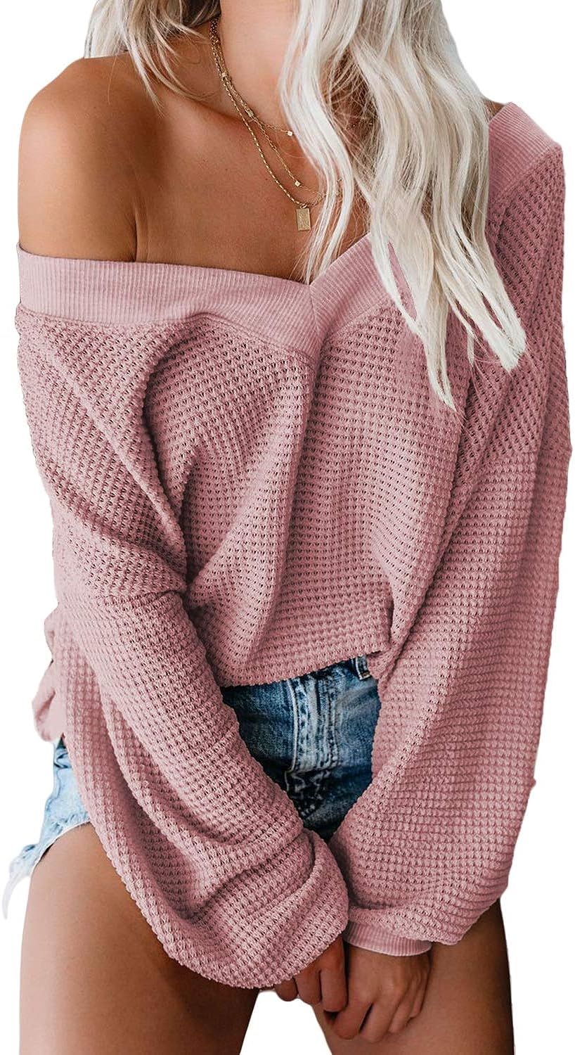 Aleumdr Women's V Neck Long Sleeve Waffle Knit Sweater Off Shoulder Pullover Jumper Tops | Amazon (US)