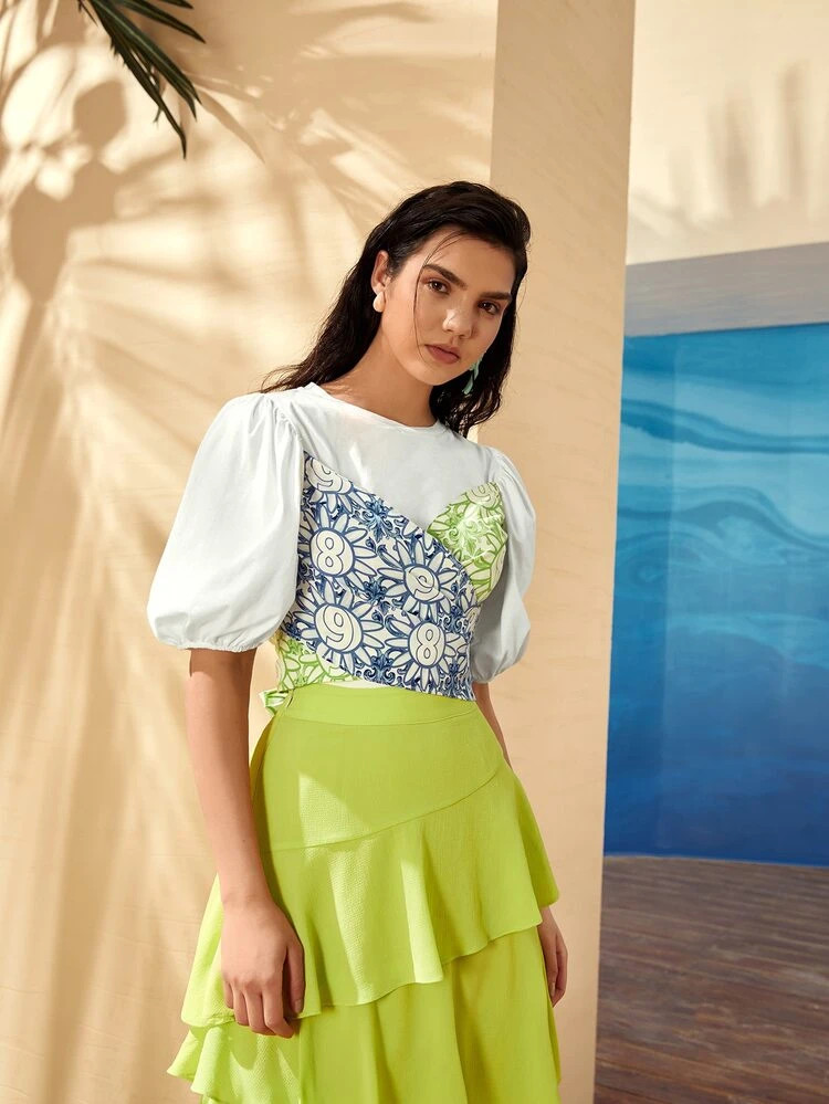 SHEIN Puff Sleeve Number and Floral Print Cross Wrap Tie Back Top | SHEIN