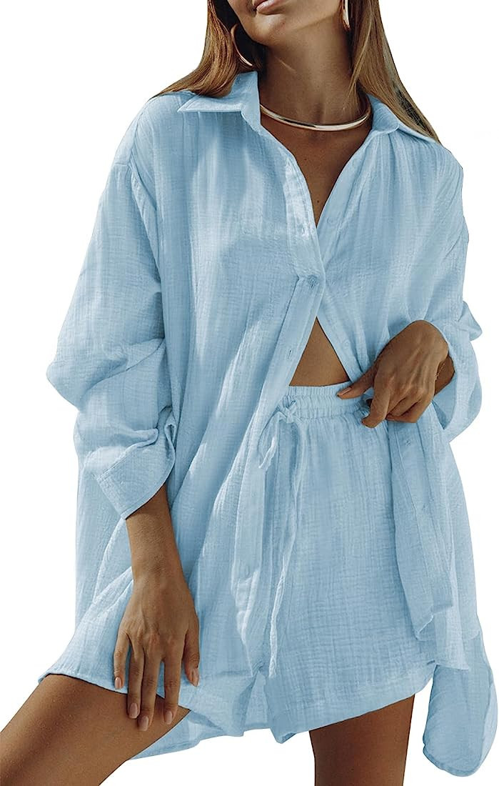 Fixmatti 2 Piece Casual Outfits Long Sleeve Button Down Shirt and Shorts Sweatsuit Sets | Amazon (US)