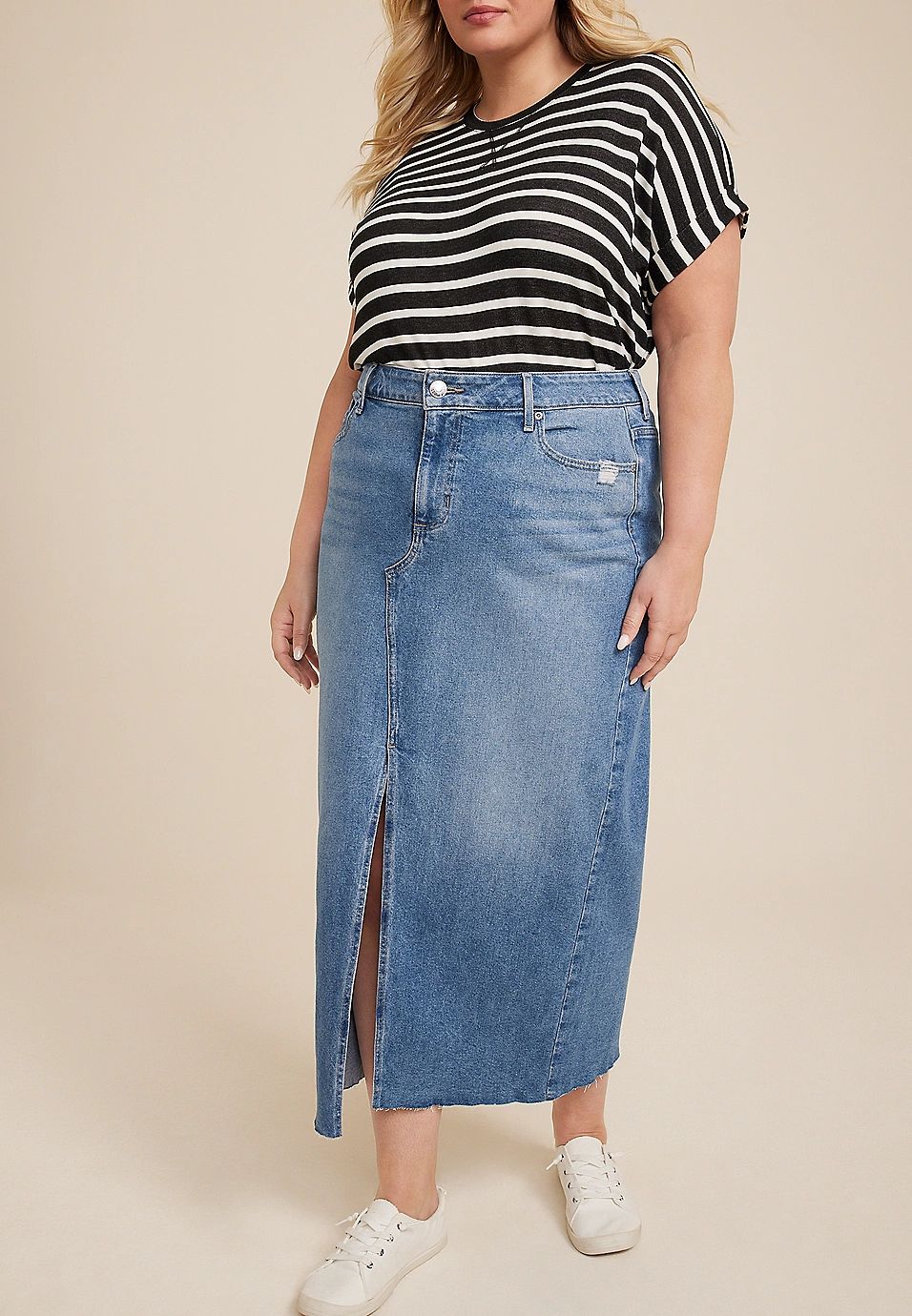 Plus Size Split Front Denim Maxi Skirt | Maurices