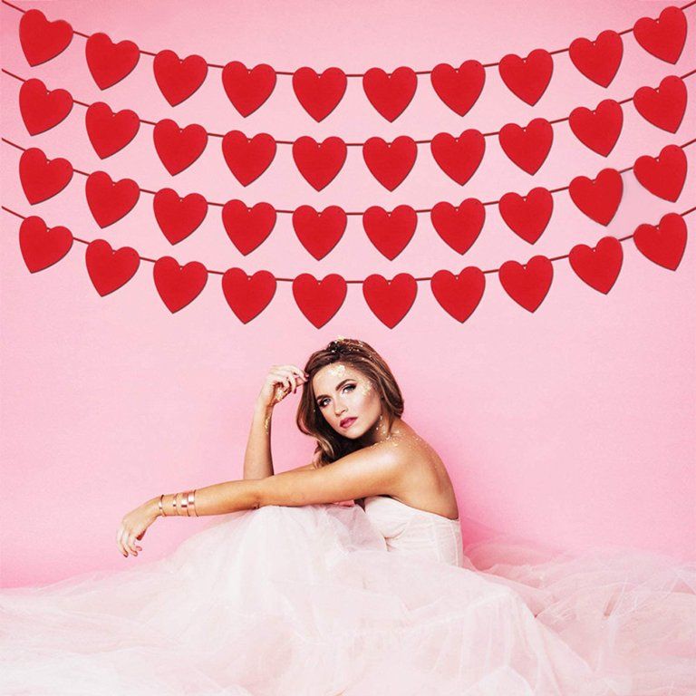 Felt Heart Banner for Valentine's Day Decor, 40-Pack - No DIY, Red Heart Garland, for Night Roman... | Walmart (US)