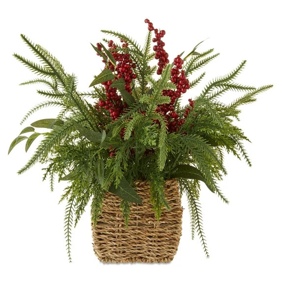 Winter Floral Basket with Berries Christmas Tabletop Decoration, Green and Red, 15", by Holiday T... | Walmart (US)