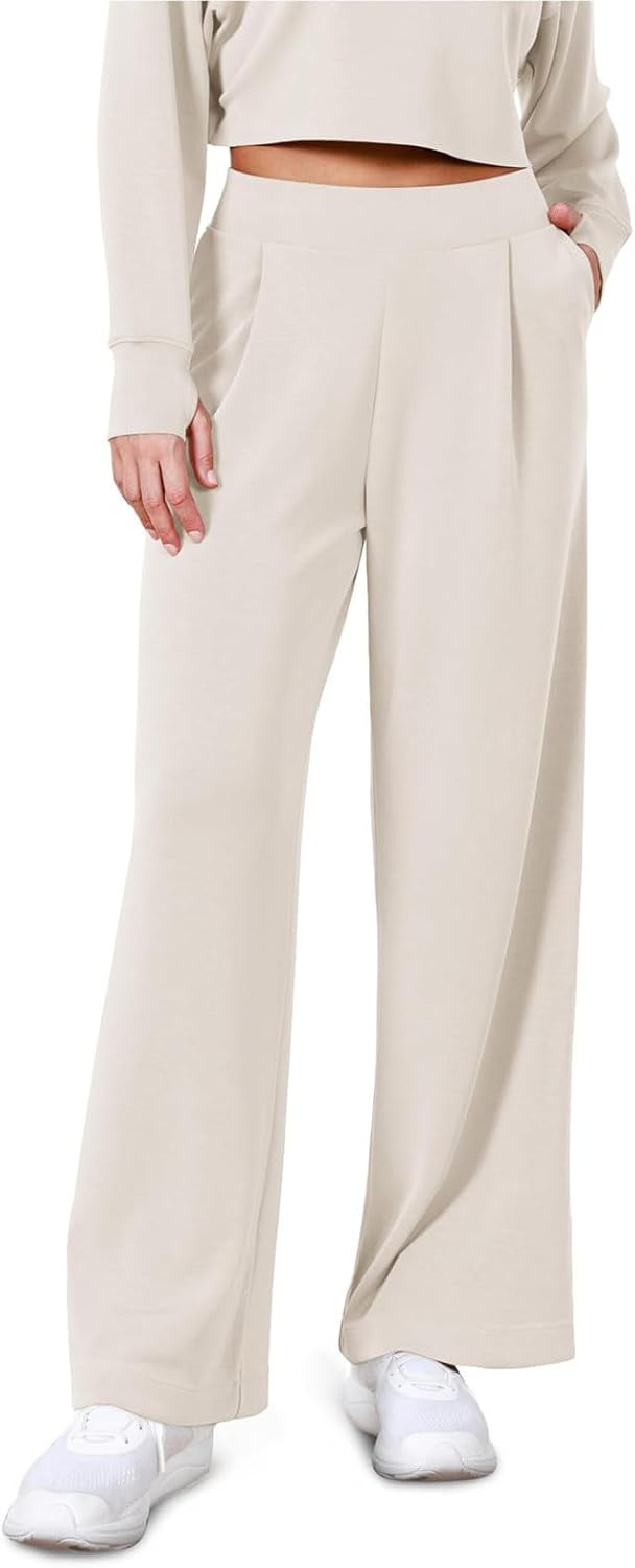 High Wiast Yoga Pants Women Casual Comfy Pull On Athletic Running Sweat Pants Pleated Front Workout Wide Leg Trousers | Amazon (US)