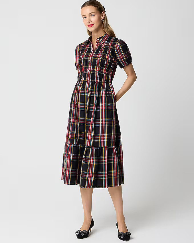 Tartan smocked midi shirt-dress | J.Crew Factory