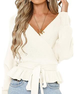 ZESICA Women's 2023 Fall Wrap V Neck Long Batwing Sleeve Belted Waist Ruffle Knitted Sweater Pull... | Amazon (US)