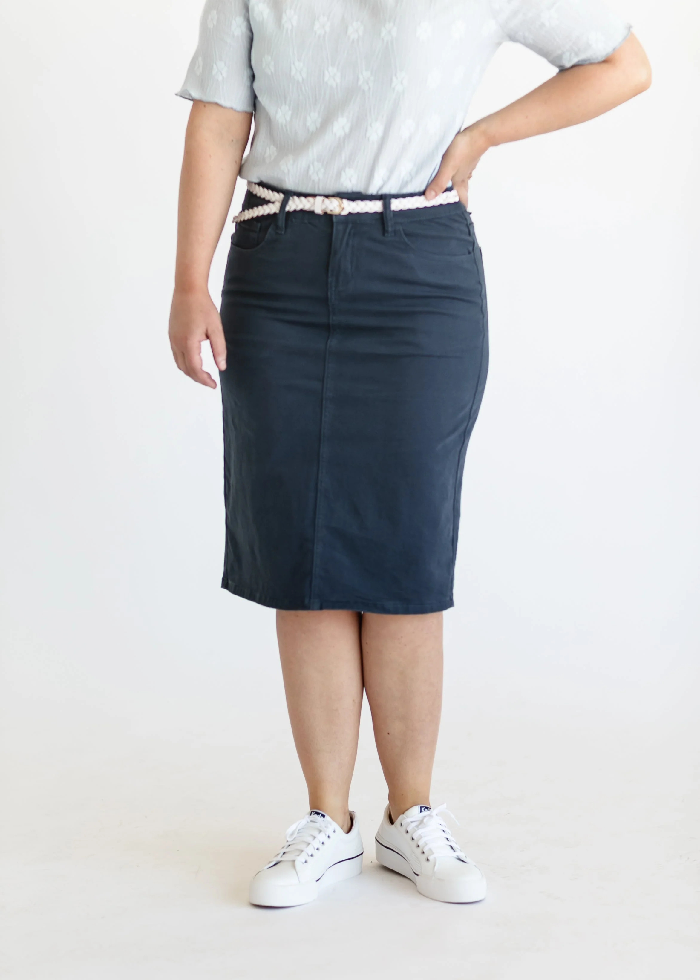 Remi Navy Denim Midi Skirt | Inherit Clothing Co.