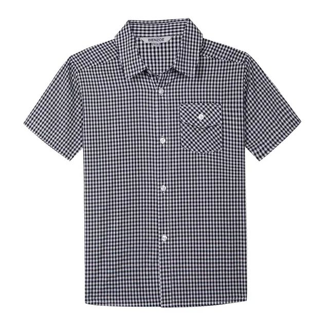 Bienzoe Boy's Cotton Plaid Button Down Short Sleeve Shirt Black/White 9/10 | Walmart (US)