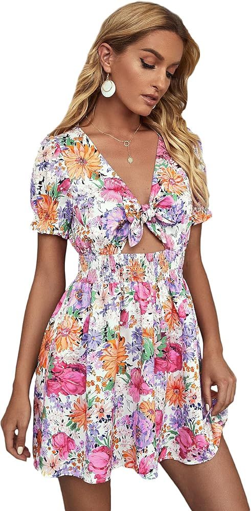 Floerns Women's Ditsy Floral Plunge Neck Knot Front A Line Short Dress | Amazon (US)