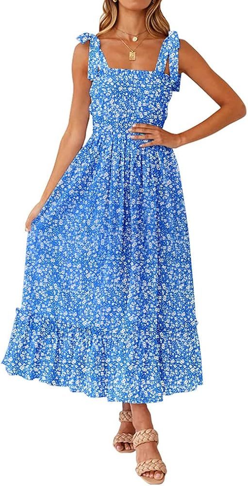 Tobrief Women's Boho Dress Summer Spaghetti Strap Square Neck Flowy Ruffle Beach Long Maxi Dress | Amazon (US)