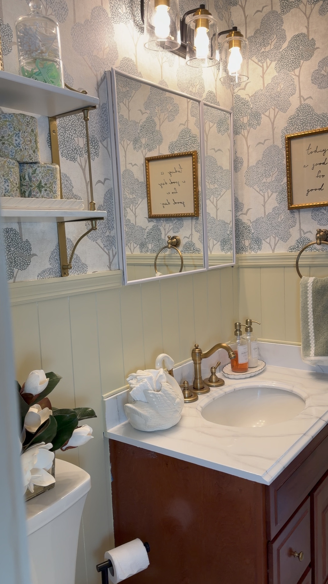 Bathroom Makeover ! Never feels so good getting ready in the morning or evening for bed !
The space make me inspired and also relax at the same time. 
Beadboard and wallpaper make the magic!✨🩵💚
.
Bathroom Links 🔗 
.


#LTKHome