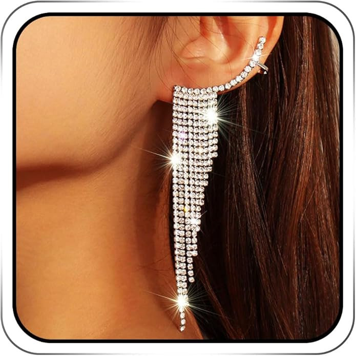 Earent Tassel Rhinestone Earrings Dangling Silver Long Chandelier Fringe Earring Sparkly Statemen... | Amazon (US)