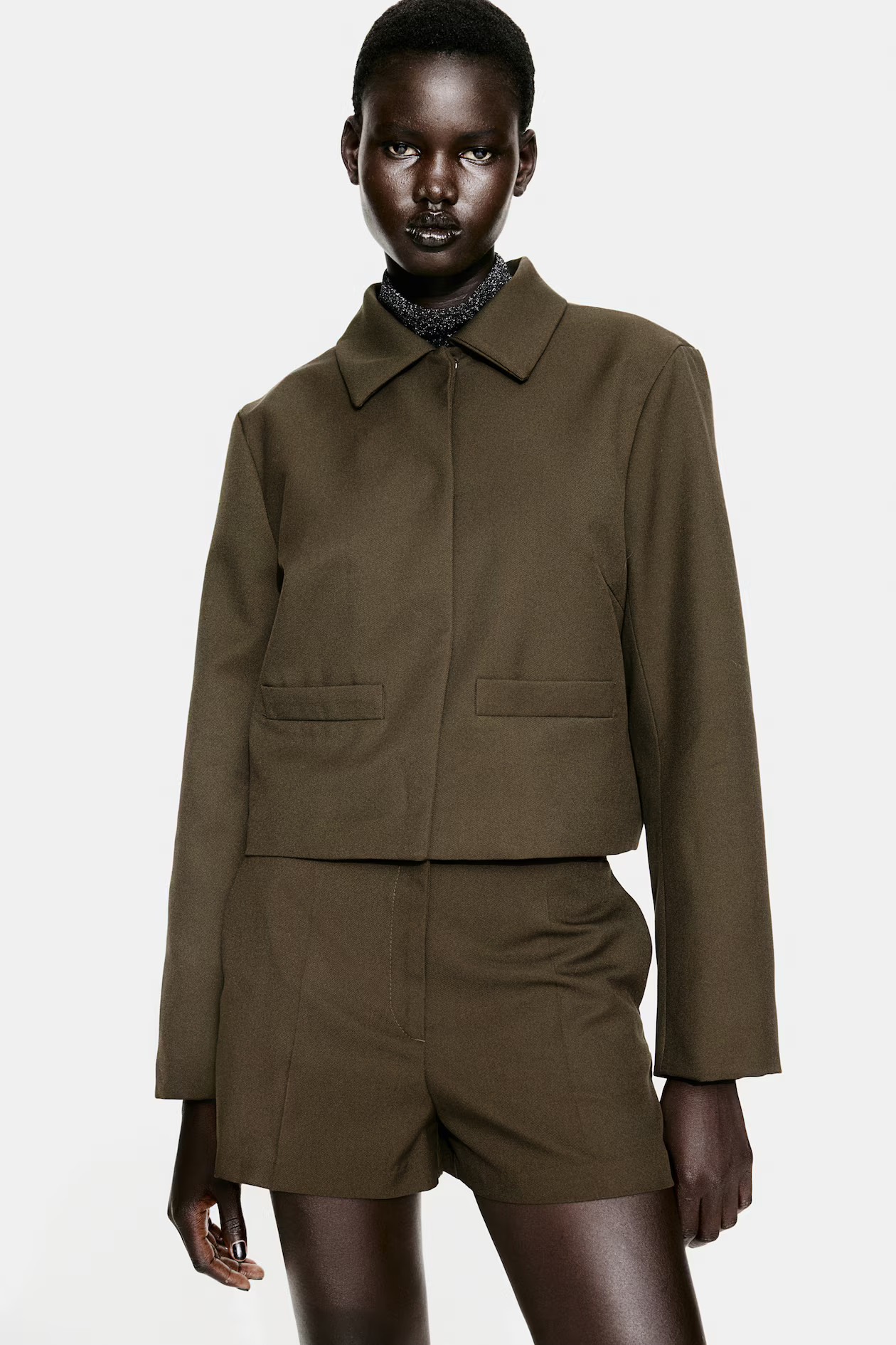 Jacket with Collar - Long sleeve - Short - Dark khaki green - Ladies | H&M US | H&M (US + CA)