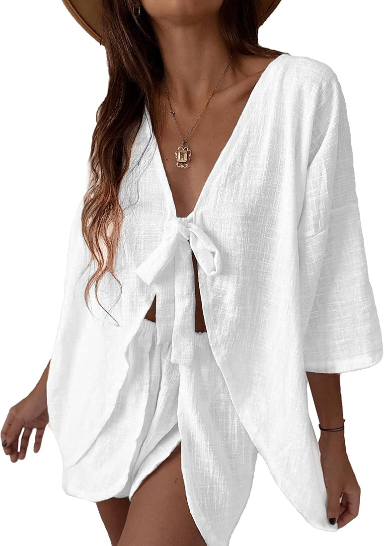 Sexy 2 Piece Outfits for Women Self Tie Knot Long Sleeve Shirt with Shorts Set Casual Matching Se... | Amazon (CA)