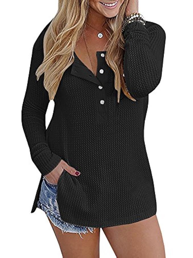 Inorin Womens Henley Shirts Fall Button Down Pullover Waffle Long Sleeve Loose Fit Jumper Tops | Amazon (US)