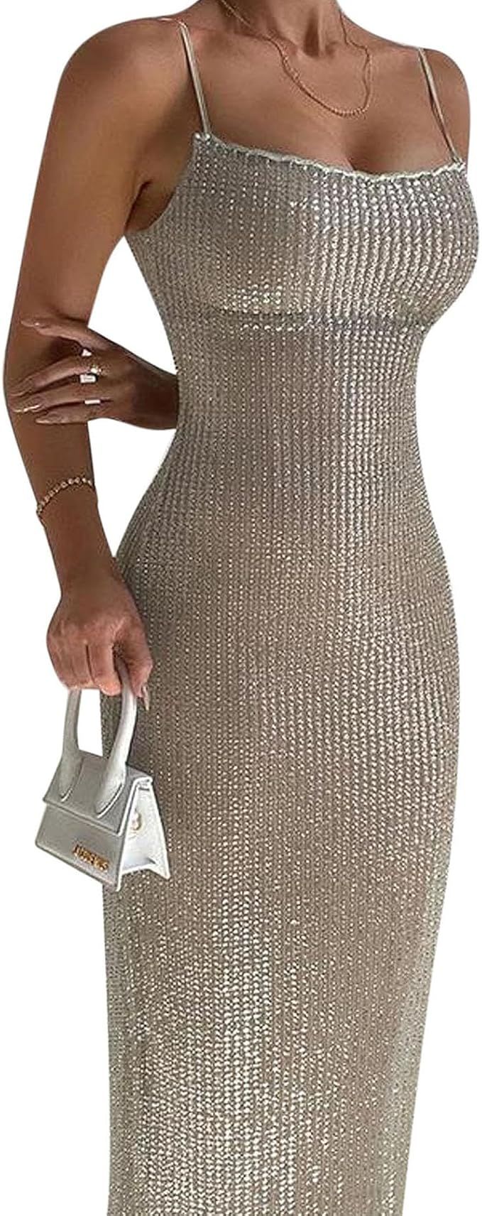 BOLLEY JOSS Women's Sequins Midi Dress Sexy Spaghetti Strap Long Dress Sparkly Back Slit Bodycon ... | Amazon (US)