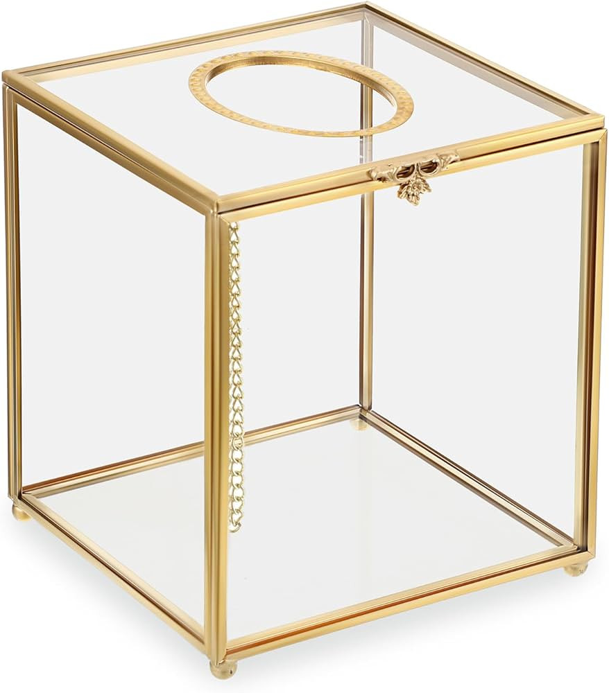 Sumnacon Square Clear Glass Tissue Box Cover -Dainty Cube Tissue Box Holder, Gorgeous Gold Facial... | Amazon (US)