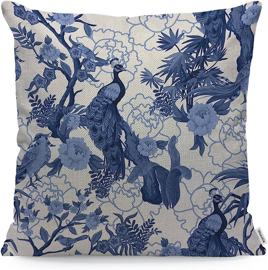 Wozukia Birds and Peonies in Blue Color Pillow Cover Abstract Pattern in Chinoiserie Style with P... | Amazon (US)