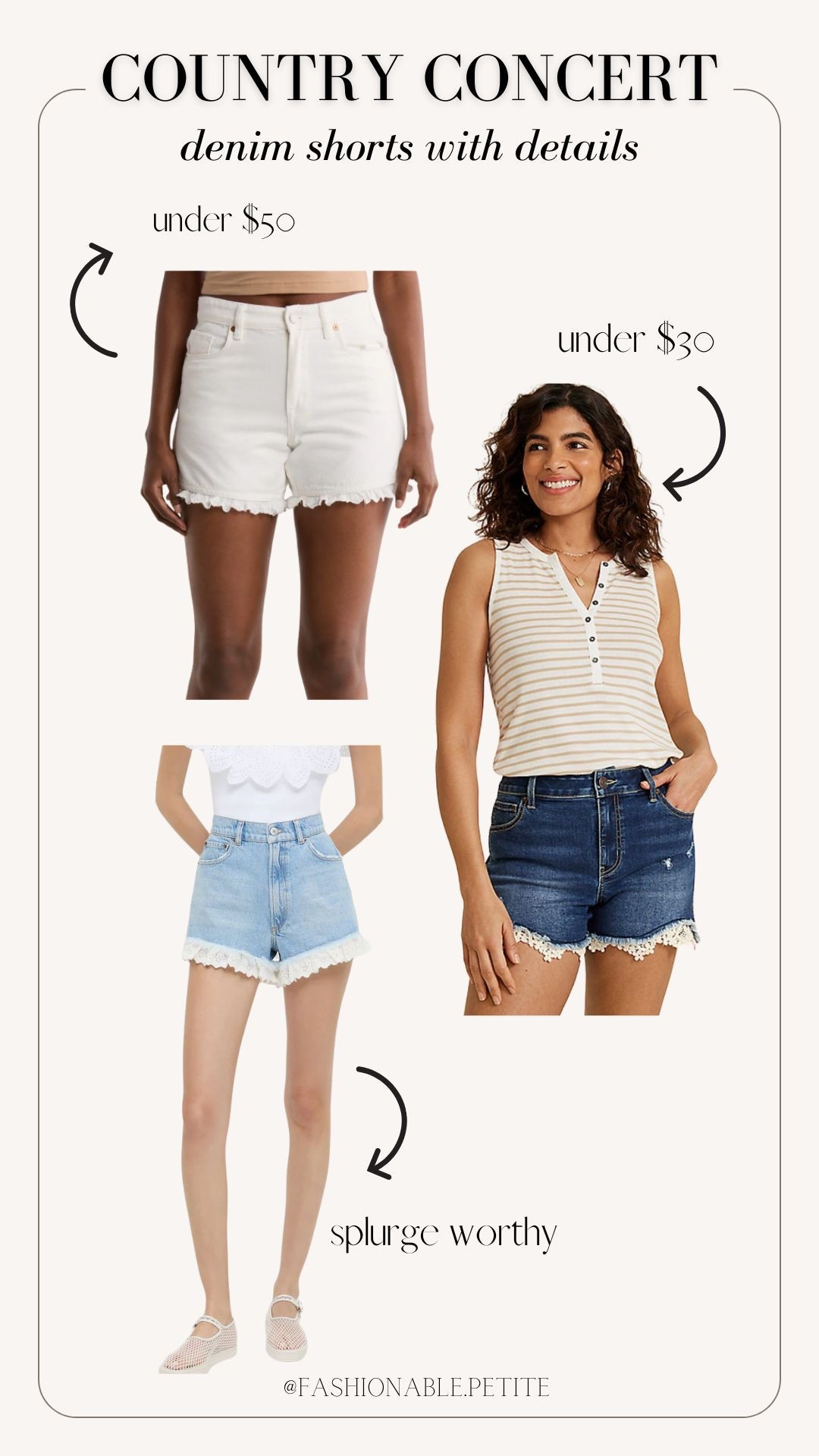 Outfit inspo for a country concert in  lace denim shorts and croquet denim shorts!

Denim shorts country concert concert outfit summer concert 

#LTKStyleTip #LTKPetite #LTKFindsUnder100