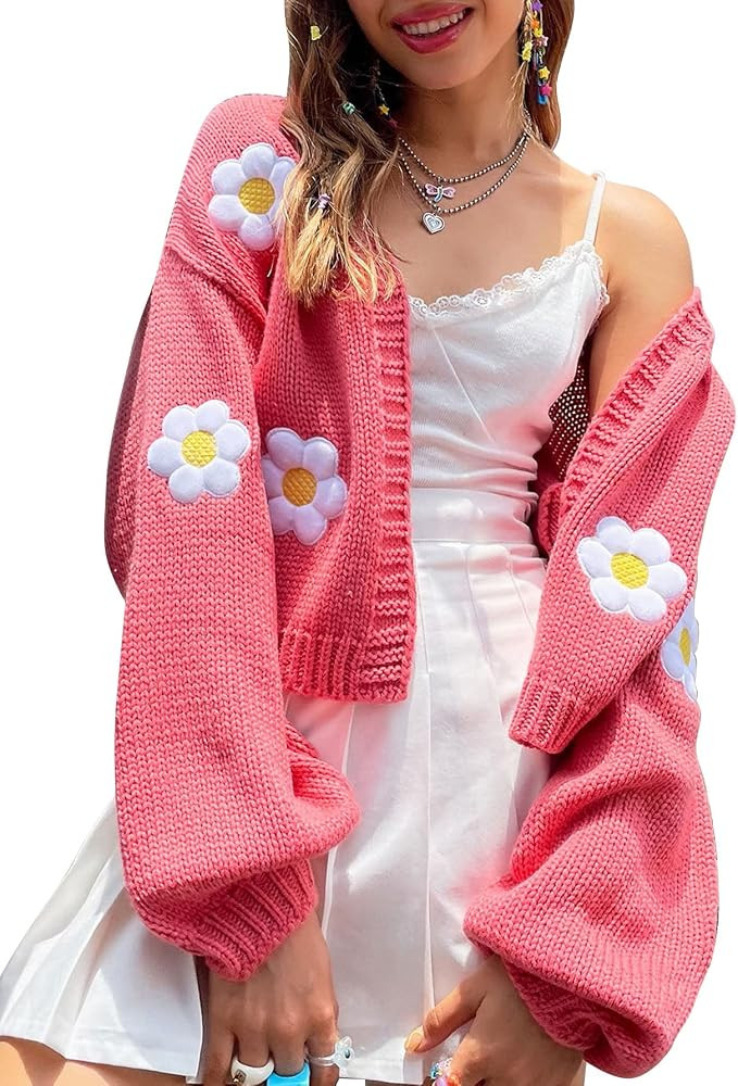 Womens Y2K Cardigan Sweaters Long Sleeve Open Front Cropped Flower Knit Cardigan Aesthetic 90s Shrug | Amazon (US)
