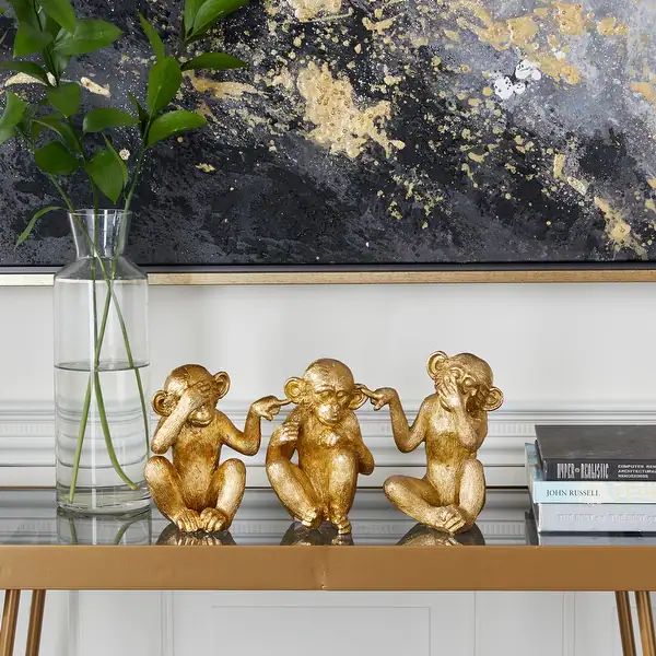 Gold Polystone Contemporary Sculpture Monkey (Set of 3) - S/3 6", 6", 6.25"H | Bed Bath & Beyond