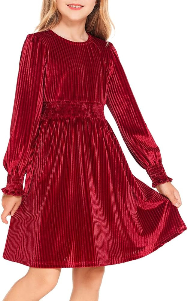 Arshiner Girls Long Sleeve Dress Velvet Crew Neck Midi Fall Vintage Plain Dress for Kids 4-13Y | Amazon (US)