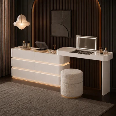 Extendable 47.24"–89.76" Cream White Vanity Desk 8-Drawer Storage, Glass-Top Display & Jewelry Organizer, Adjustable 3-Color Lighting Mirror Makeup Va | Wayfair North America