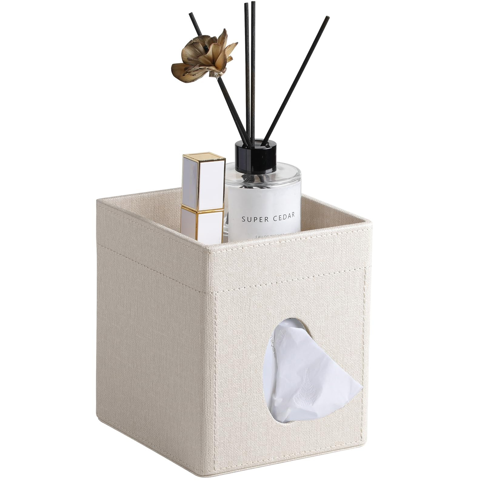 Tissue Box Cover, PU Leather Square Tissue Box Holder with Storage Tray for Bathroom Vanity Count... | Amazon (US)