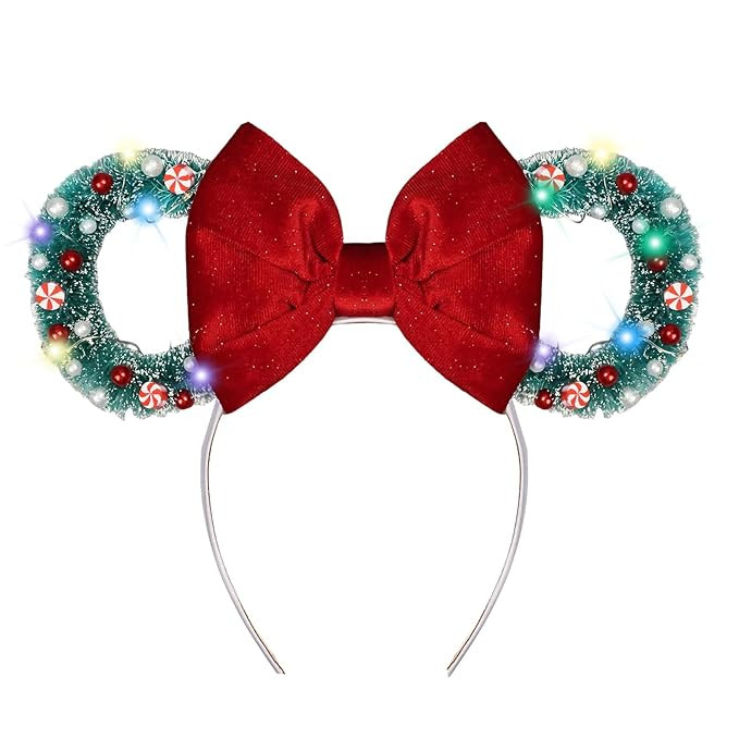 JIAHANG LED Christmas Mouse Ear Headband with Red Velvet Bow, Light Up Festival Headwear for Wome... | Amazon (US)