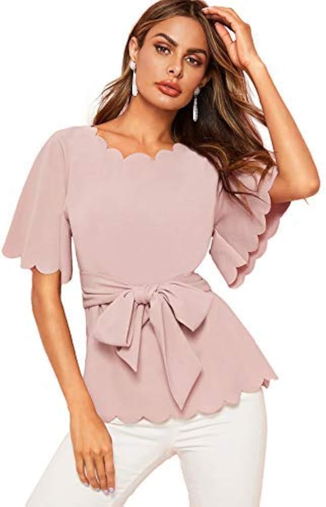 Romwe Women's Bow Self Tie Scalloped Cut Out Short Sleeve Elegant Office Work Tunic Blouse Top | Amazon (US)