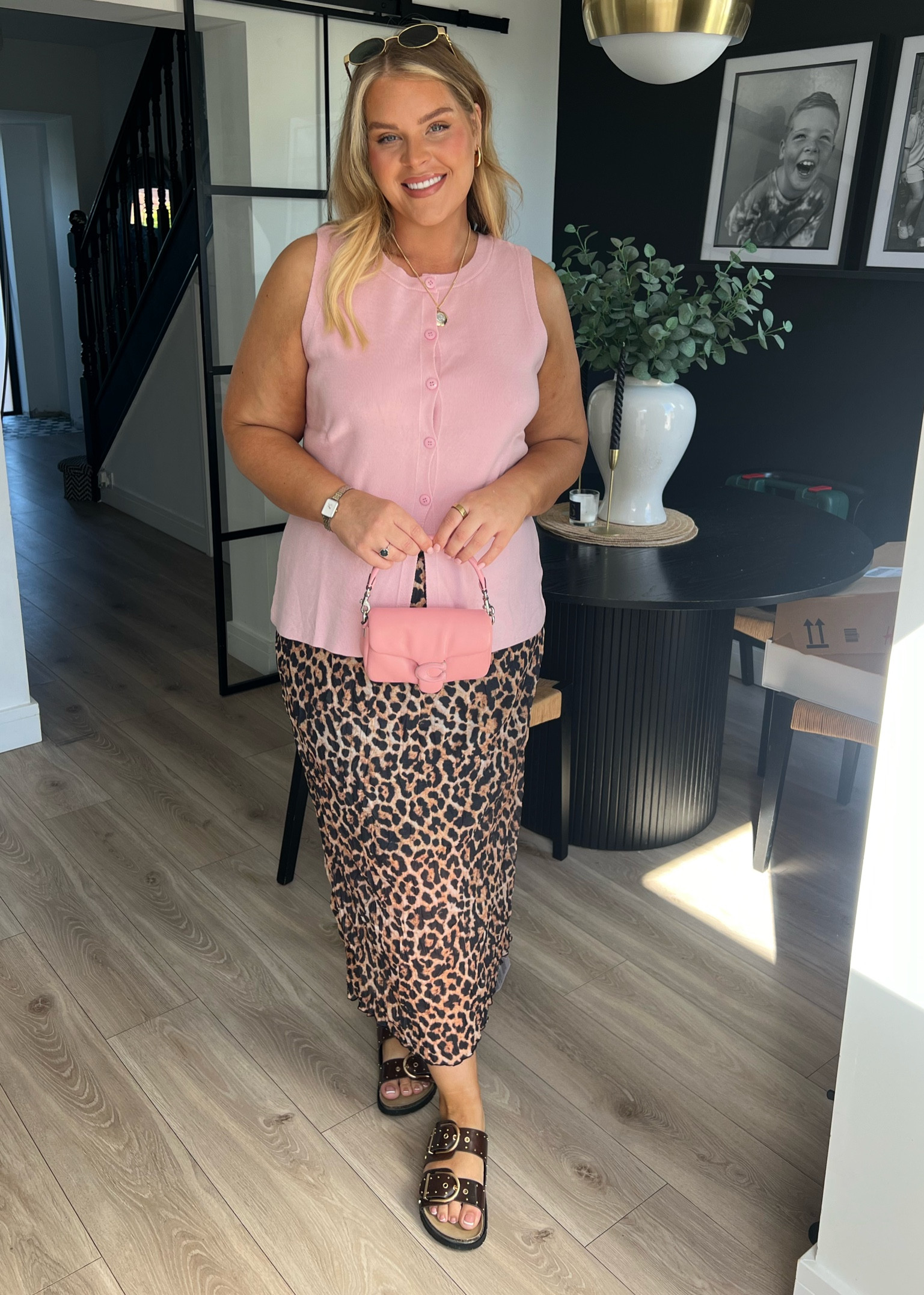 Pink waistcoat. Leopard print skirt. Brown sandals. Midi skirt. Day night outfit. Baby shower outfit. Coach bag. Pink style. Date night outfit. Midsize style. Curve fashion. Size 16.  Size 18. 

#LTKstyletip #LTKcurves #LTKmidsize