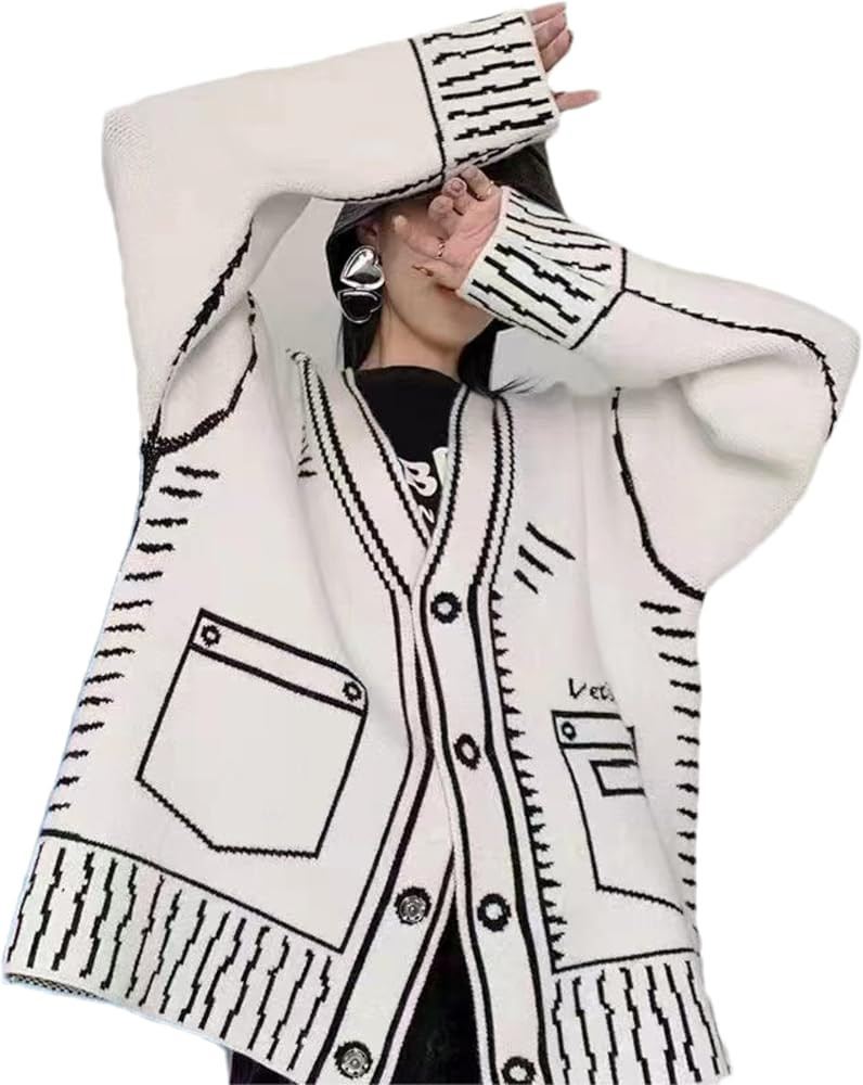 Women Print Graffiti Unique Cardigan Sweater Y2k Fake Pocket Long Sleeve Button Up Open Front Kni... | Amazon (US)
