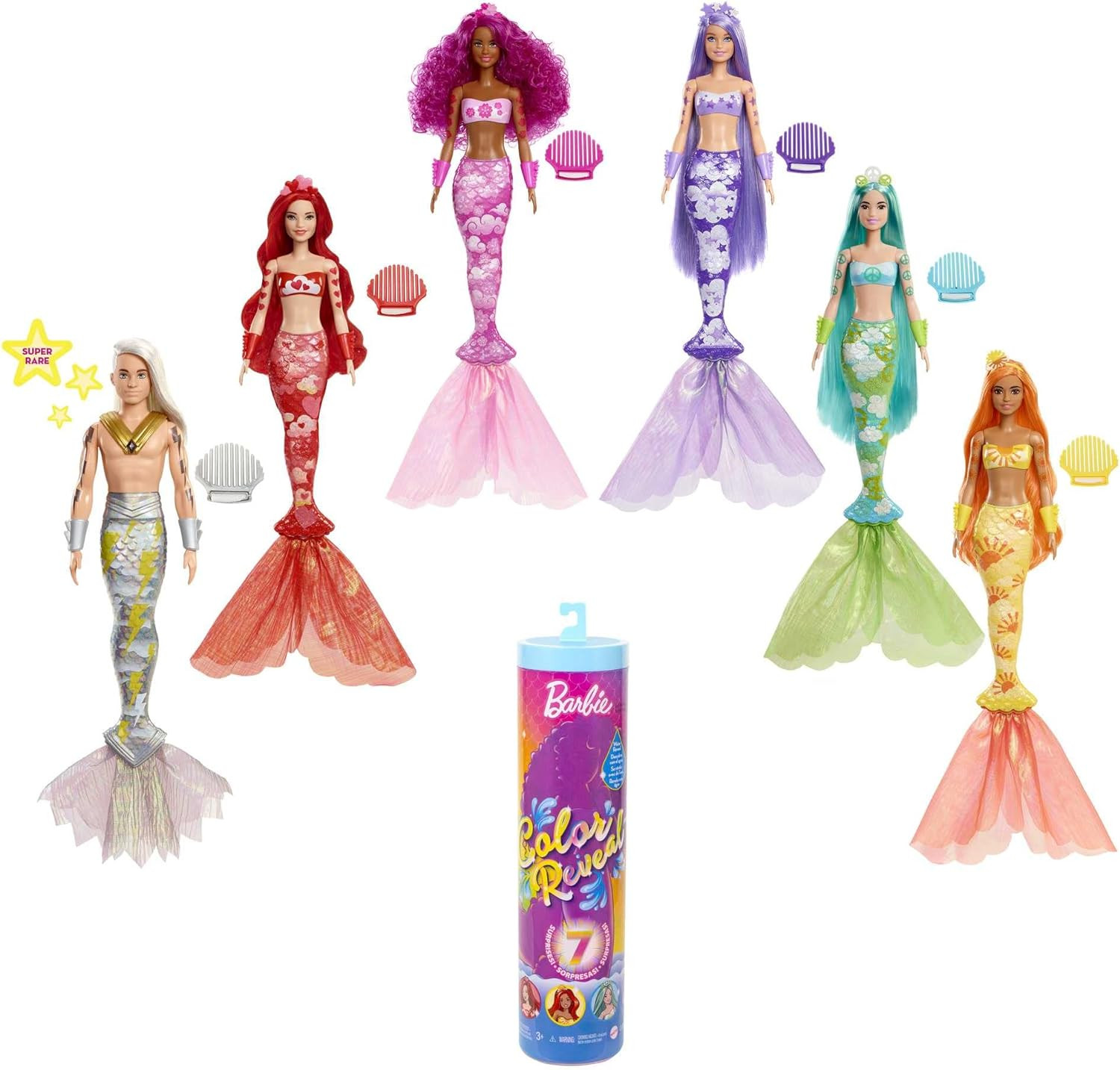 Barbie Color Reveal Doll & Accessories, Rainbow Mermaid Series, 7 Surprises, 1 Mermaid Barbie Dol... | Amazon (US)