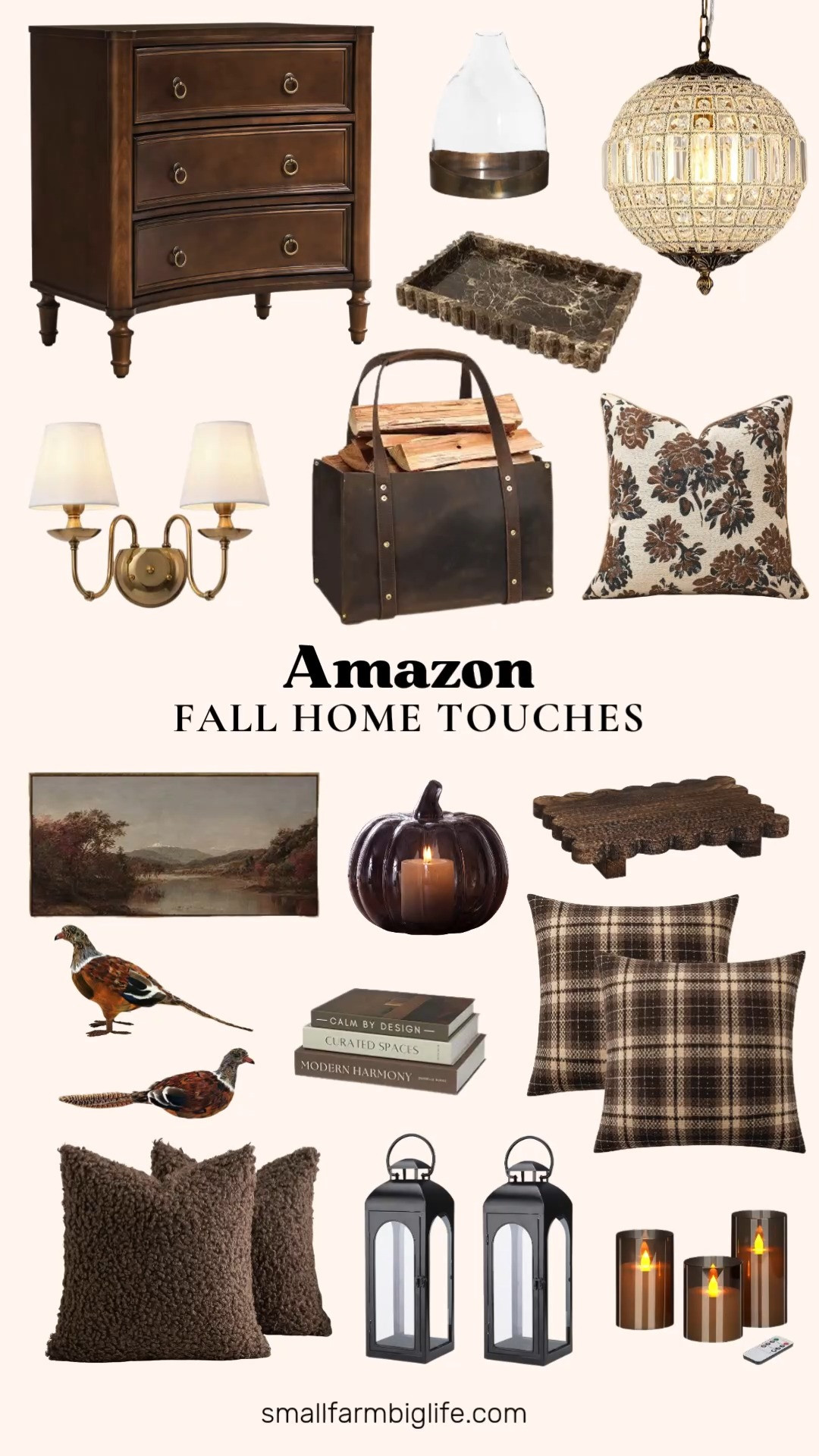 This fall home lineup leans into warm textures and cozy farmhouse touches for nearly every corner of the house. The chocolate brown curly teddy wool pillow covers and the MIULEE tartan plaid pillow covers in coffee brown both bring instant softness to a sofa or bed, while the beige brown floral pillow cover adds a subtle vintage print.

For furniture and lighting, the HULALA walnut end table with a built in charging station is both functional and stylish for a living room, and the antique crystal globe chandelier makes a beautiful statement piece for a foyer or dining room. The Aiwen brass wall sconces with a white flax shade are perfect for bedside reading light or a hallway glow.

Small styled details make a big difference this season too. The set of faux books in brown and cream is a clever way to add storage while still looking intentional on a shelf, and the wooden scalloped riser is great for elevating soap or small plants on a counter. The natural marble vanity tray in dark brown brings a polished touch to a bathroom or dresser.

For that classic fall ambiance, the glass pumpkin cloche and the flameless flickering pillar candles with a remote timer are both easy ways to add cozy lighting without any real flame. Finish the space with the extra large fall landscape wall art or the feathered pheasant decor set for a rustic, harvest inspired accent.

#amazonhome #falldecor #amazonfinds #cozyhome #fallhome 

 #LTKSeasonal #LTKHome