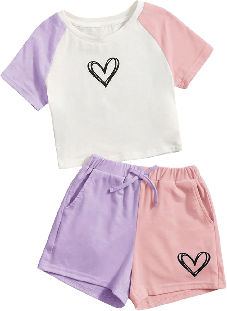 SOLY HUX Girl's Colorblock Heart Print Raglan Short Sleeve T Shirt and Shorts 2 Piece Summer Outf... | Amazon (US)