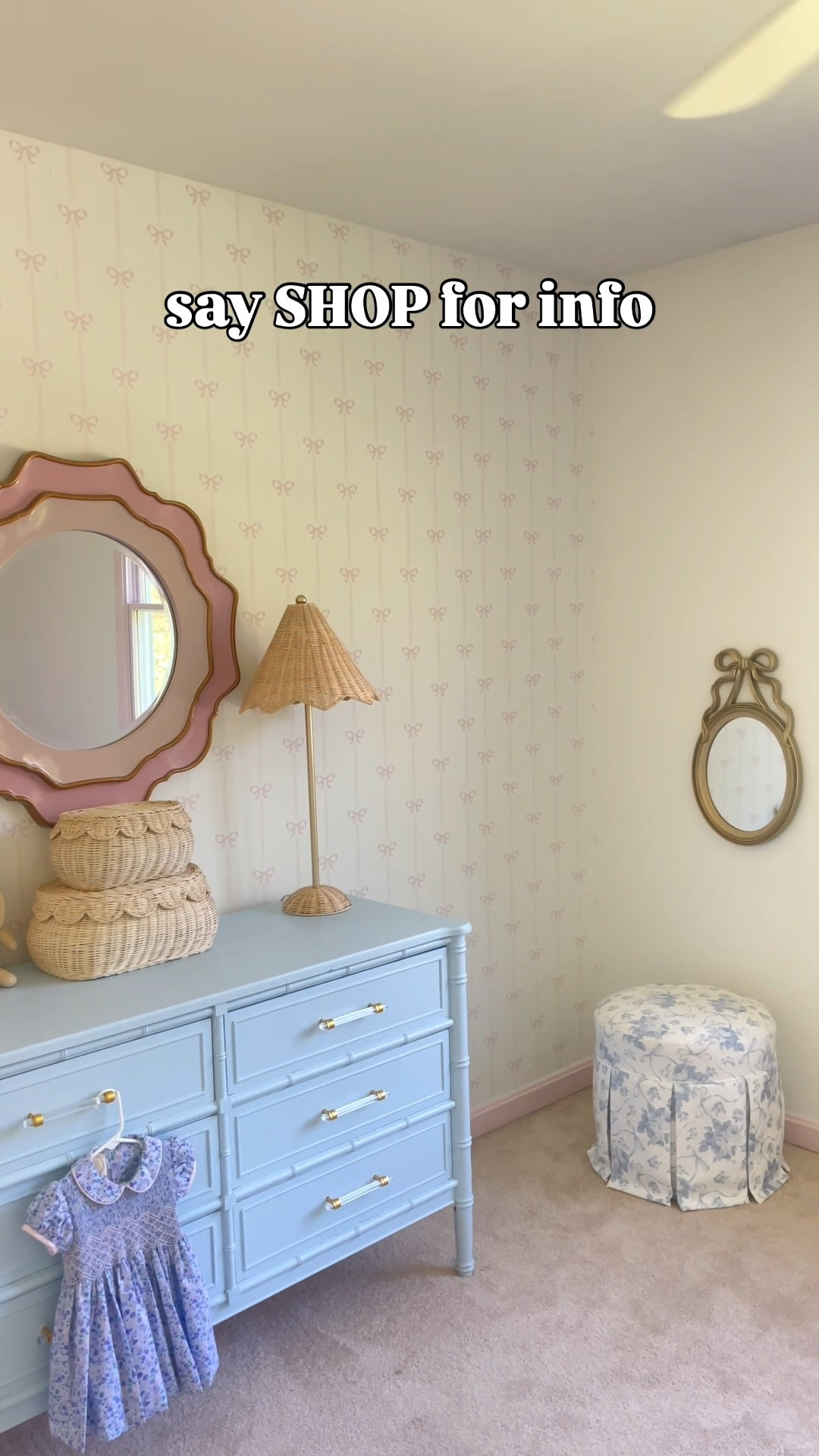 Tell me this doesn’t scream Loveshackfancy — on a budget! Gorgeous blue and white bow pattern with a skirted bottom for that custom look! 

Like and reply SHOP for info 

#blueandwhite #coquettehome #grandmillennial #designerinspired #homedecorfinds