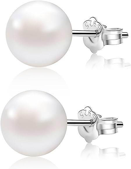 Pearl Earrings Freshwater Pearl White Button Stud Earrings with 925 Sterling Silver for Women | Amazon (US)