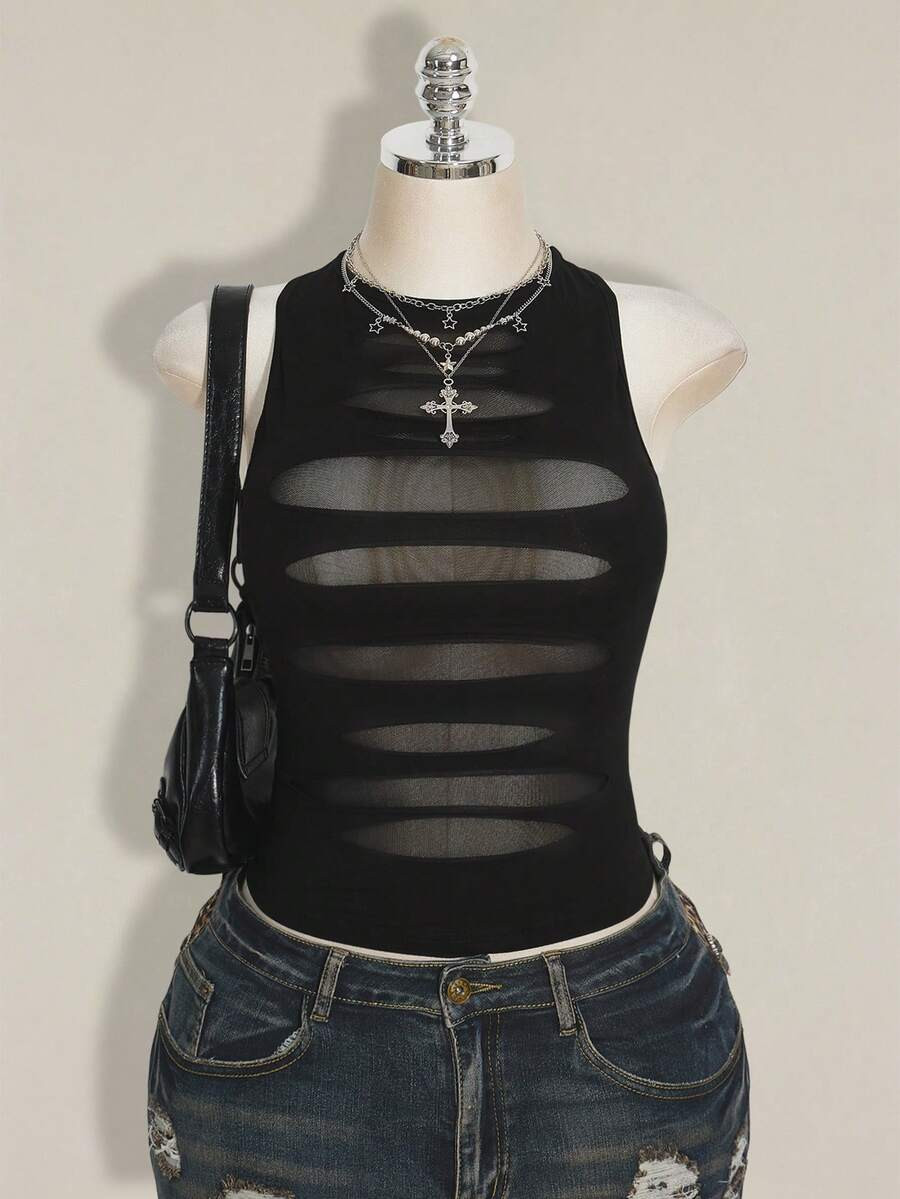 SHEIN ICON Plus Size Y2K Sheer Distressed Sexy Camisole Top Gothic Top Mesh Tops For Women Black ... | SHEIN