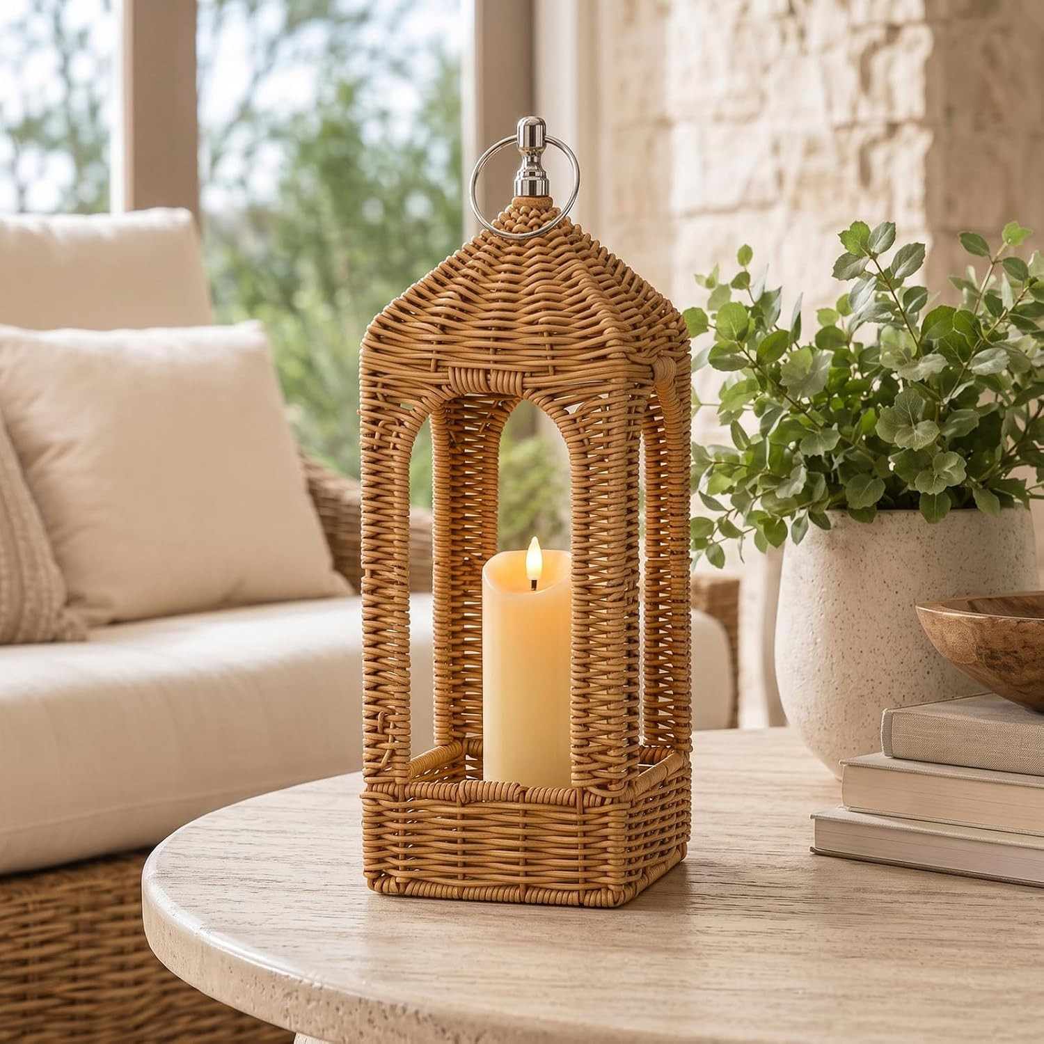 MTLEE 11.8 Inch 2 Pcs Natural Rattan Lantern with LED Flameless Candle Handwoven Wicker Decorative Lantern Farmhouse Candle Holder with Handle for Tabletop Patio Porch Indoor Outdoor Decor | Amazon (US)