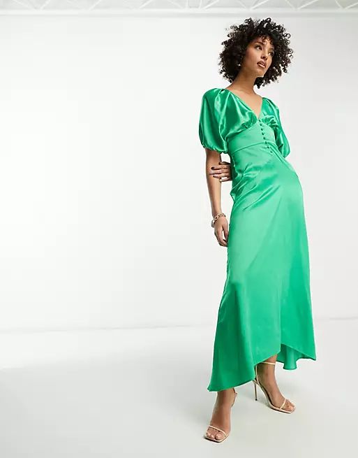 ASOS DESIGN Tall high low hem satin batwing midi dress with button through detail in emerald gree... | ASOS (Global)