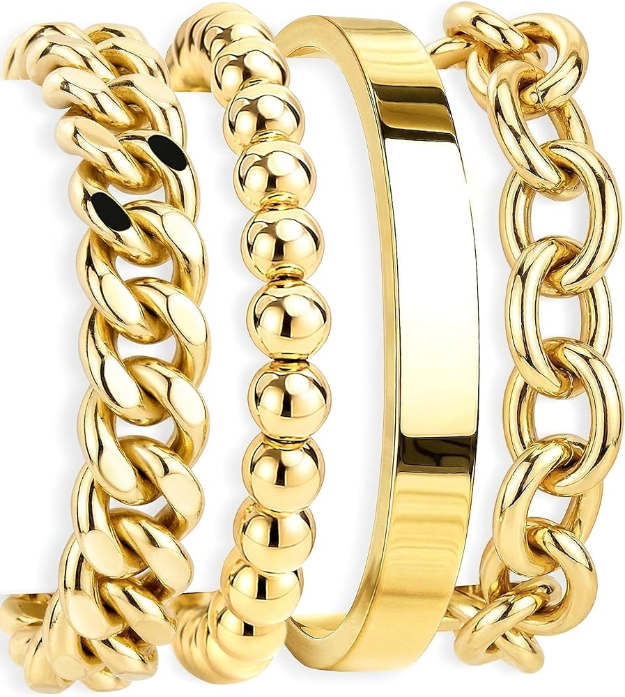 Gold Bracelets Set for Women Stack, Chunky Thick Bracelets Stack for Women Trendy, Simple Dainty ... | Amazon (US)