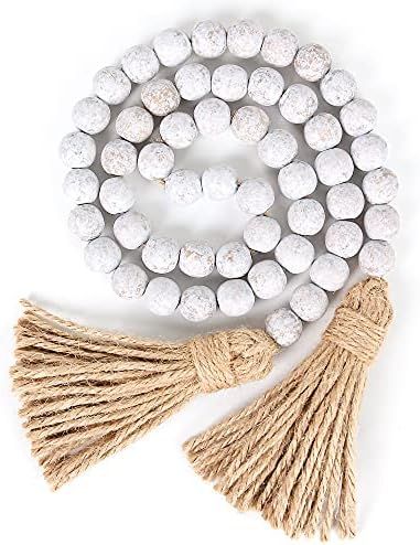 Wood Bead Garland Farmhouse Beads with Tassels,Farmhouse Tassel Garland Country Wall Hanging Decor P | Amazon (US)