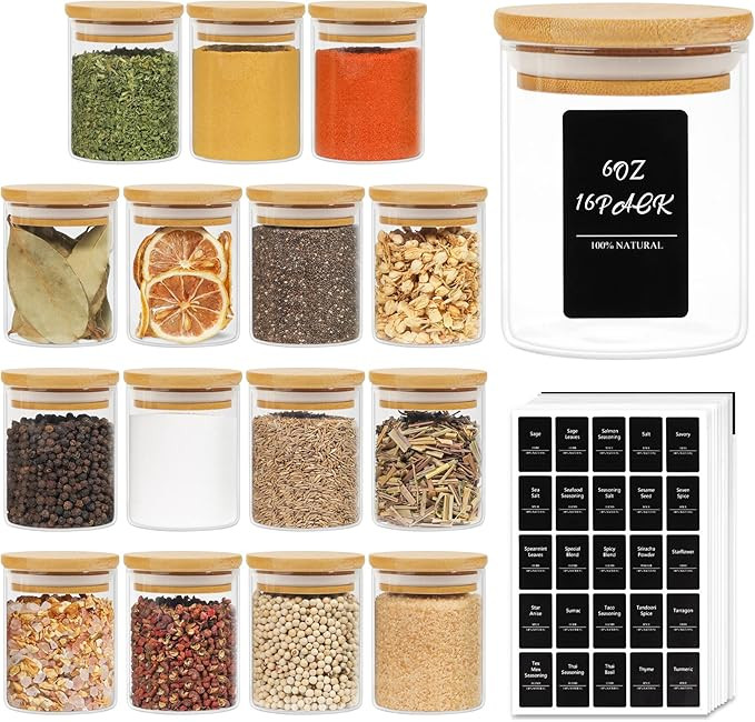 ComSaf 16Pcs Glass Spice Jars with Bamboo Lid, 6oz Airtight Round Spice Containers with 275 Black... | Amazon (US)