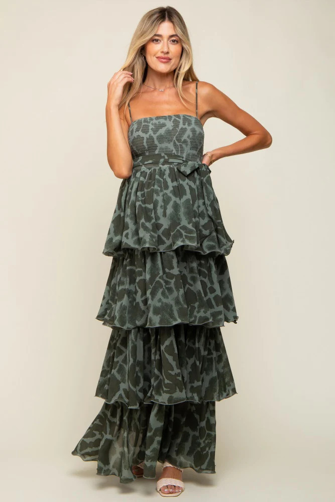 Olive Animal Print Flounce Tier Maternity Maxi Dress | PinkBlush Maternity